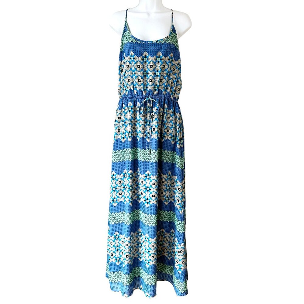 Banana Republic Maxi Dress Summer Geometric Tropical 12‎ Blue Green Beach